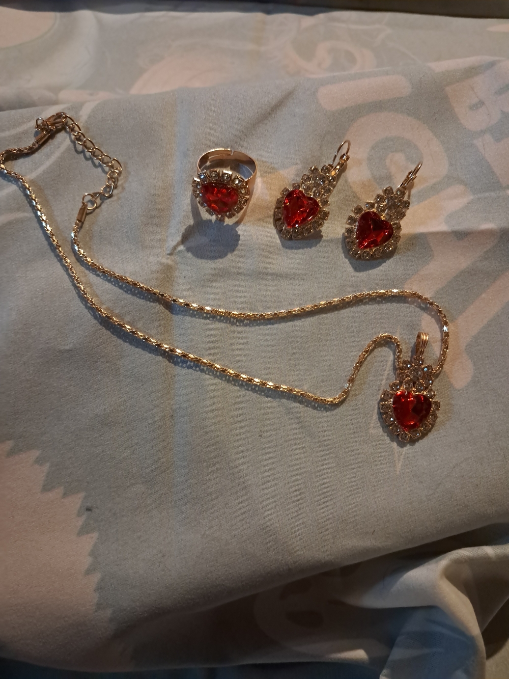 Gold-Tone Heart Red Crystal Jewelry Set - Necklace, Ring & Earrings